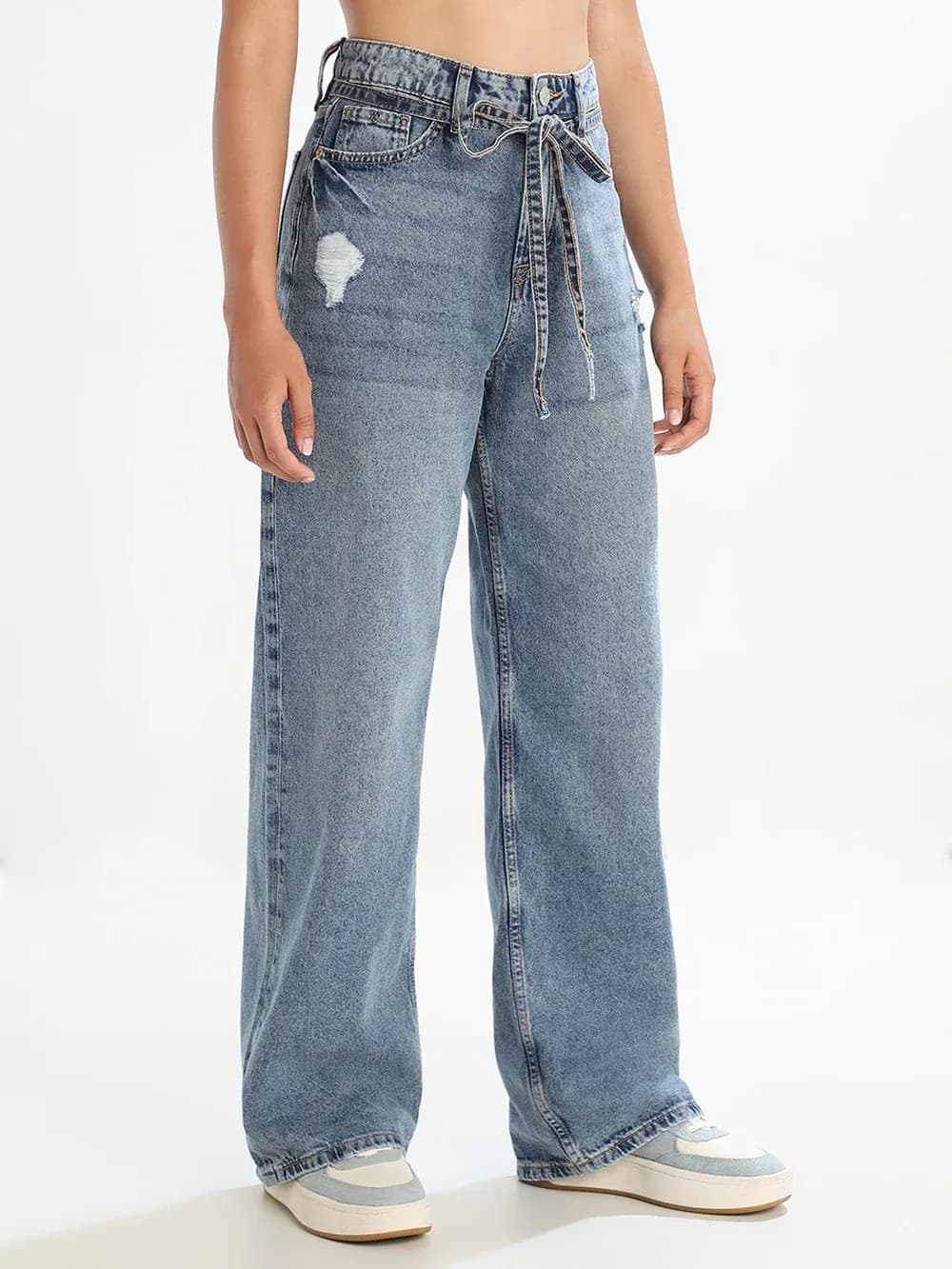 Distressed Drawstring Wide Leg Jeans