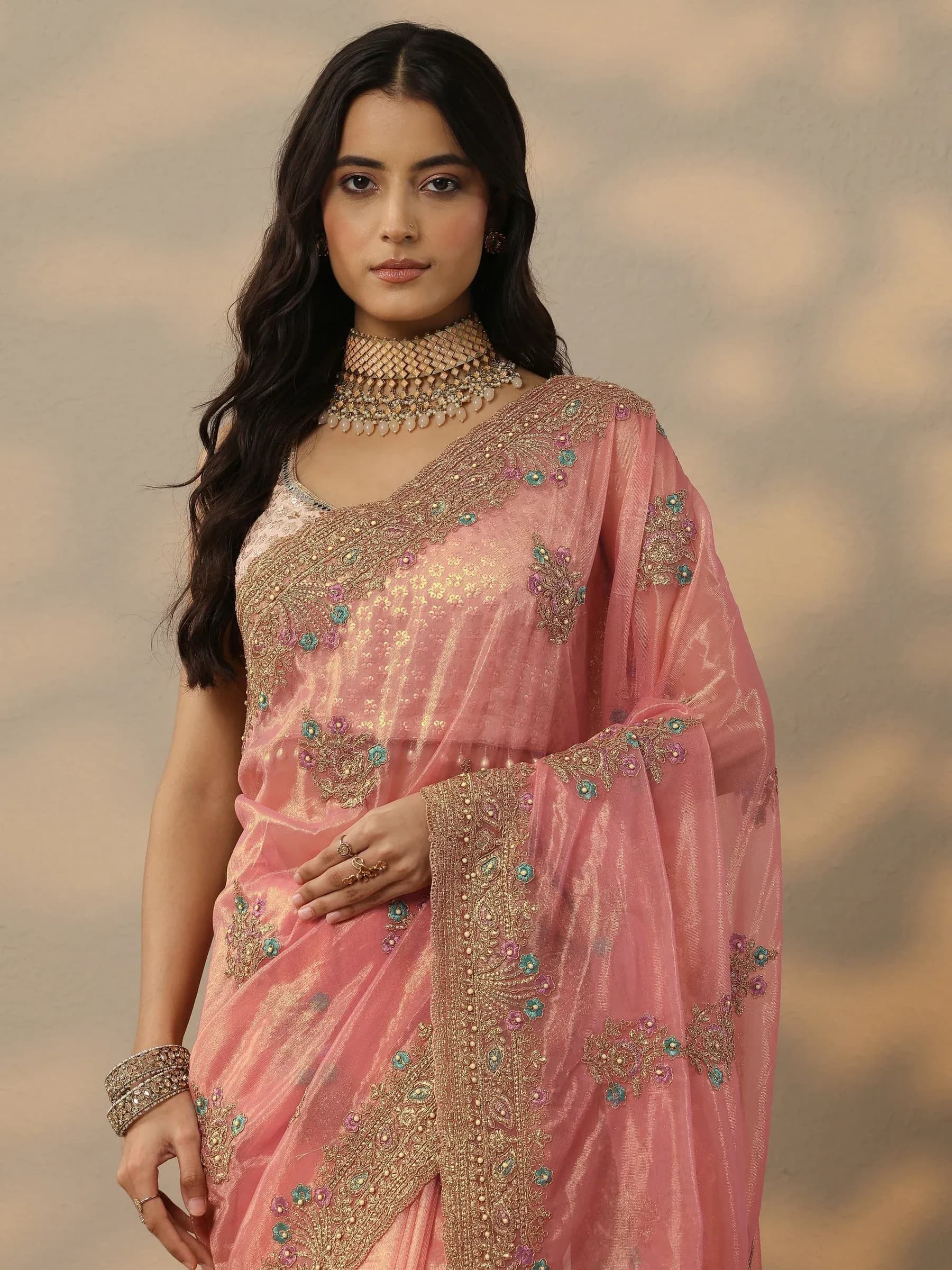 Peach Embroidered Nylon Saree With Unstitched Blouse Piece thumbnail 2