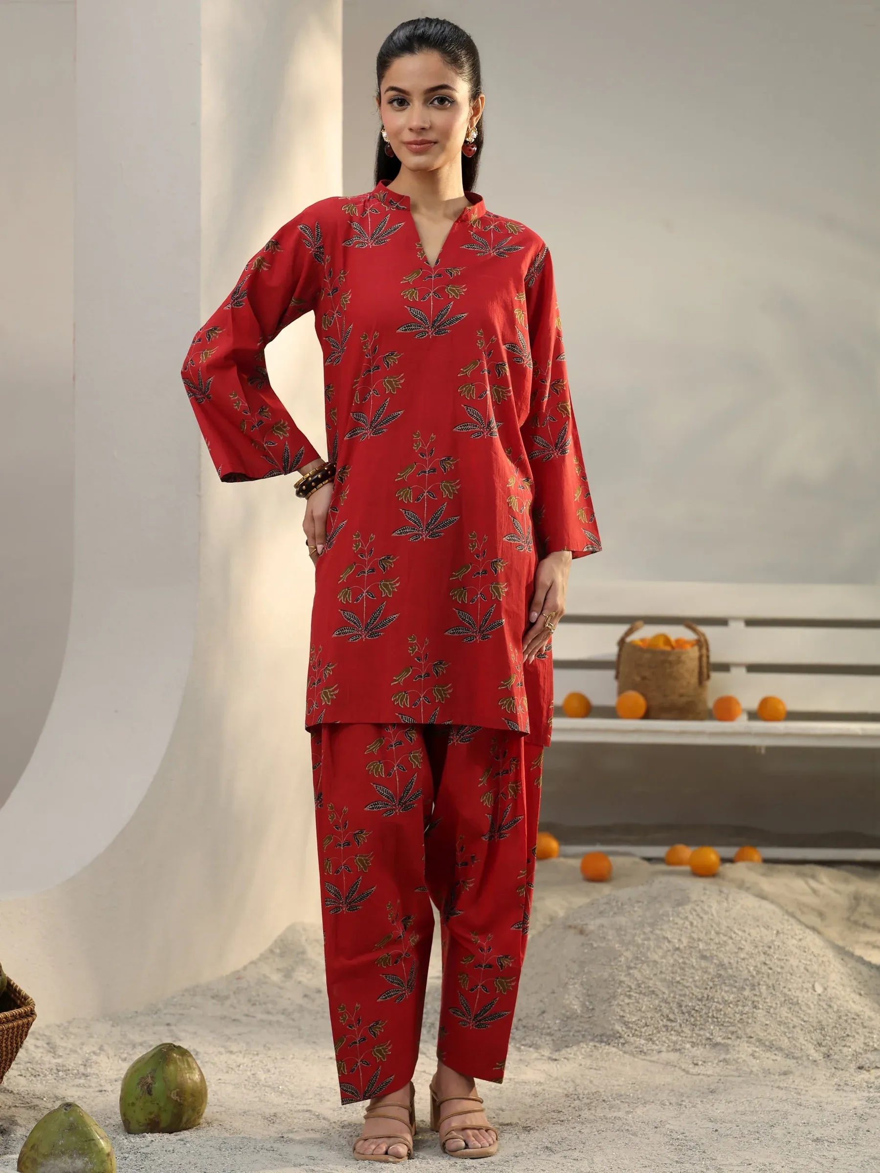 Red Floral Printed Cotton Co-Ord Set thumbnail 2