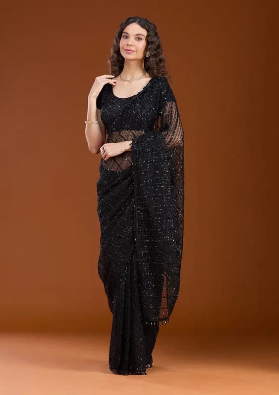 Black Net Sequins Saree With Matching Blouse Piece thumbnail 2