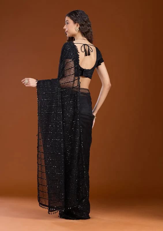 Black Net Sequins Saree With Matching Blouse Piece thumbnail 4