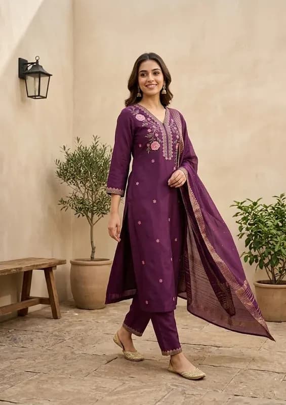 Wine Silk Threadwork Straight Kurta With Regular Pant And Dupatta thumbnail 2