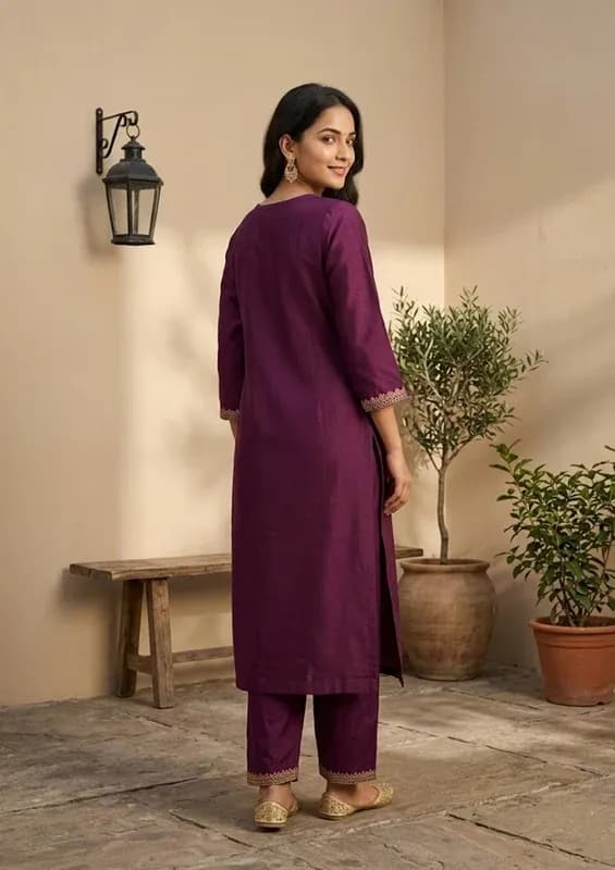 Wine Silk Threadwork Straight Kurta With Regular Pant And Dupatta thumbnail 4