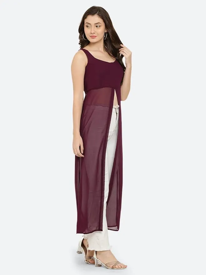 Long Kurti for Women - Georgette Sleeveless Straight Front Slit Western Kurti for Women, Regular Fit Kurta thumbnail 4