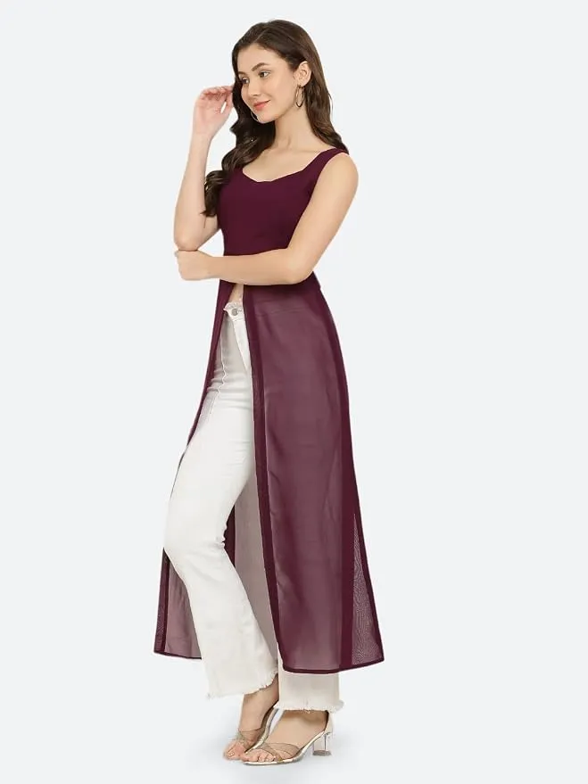 Long Kurti for Women - Georgette Sleeveless Straight Front Slit Western Kurti for Women, Regular Fit Kurta thumbnail 2