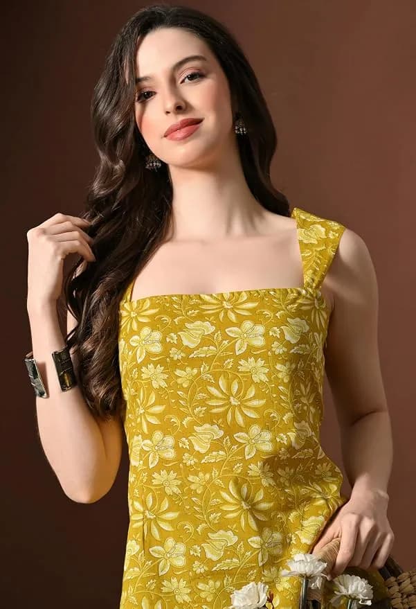 Women Floral Printed Short Kurti | Stylish Square Neck & Back Back Design with String Ties | Sleeveless Modern Top thumbnail 2