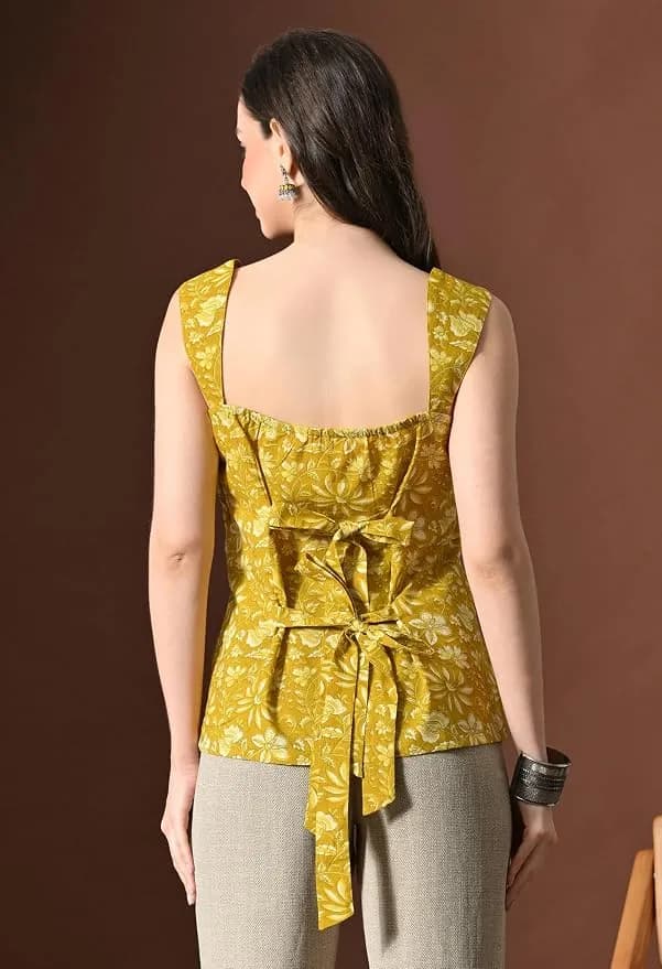 Women Floral Printed Short Kurti | Stylish Square Neck & Back Back Design with String Ties | Sleeveless Modern Top thumbnail 3