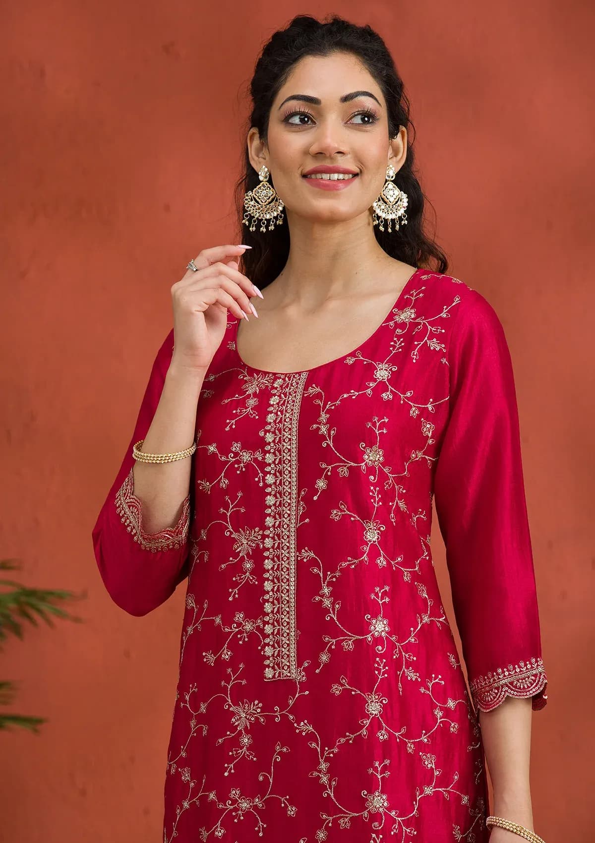 Rani Pink Soft Raw Silk Threadwork Straight Kurta With Pant Regular And Dupatta thumbnail 2
