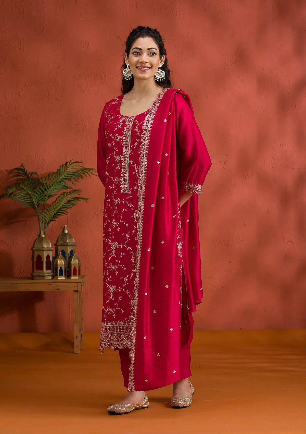 Rani Pink Soft Raw Silk Threadwork Straight Kurta With Pant Regular And Dupatta thumbnail 5