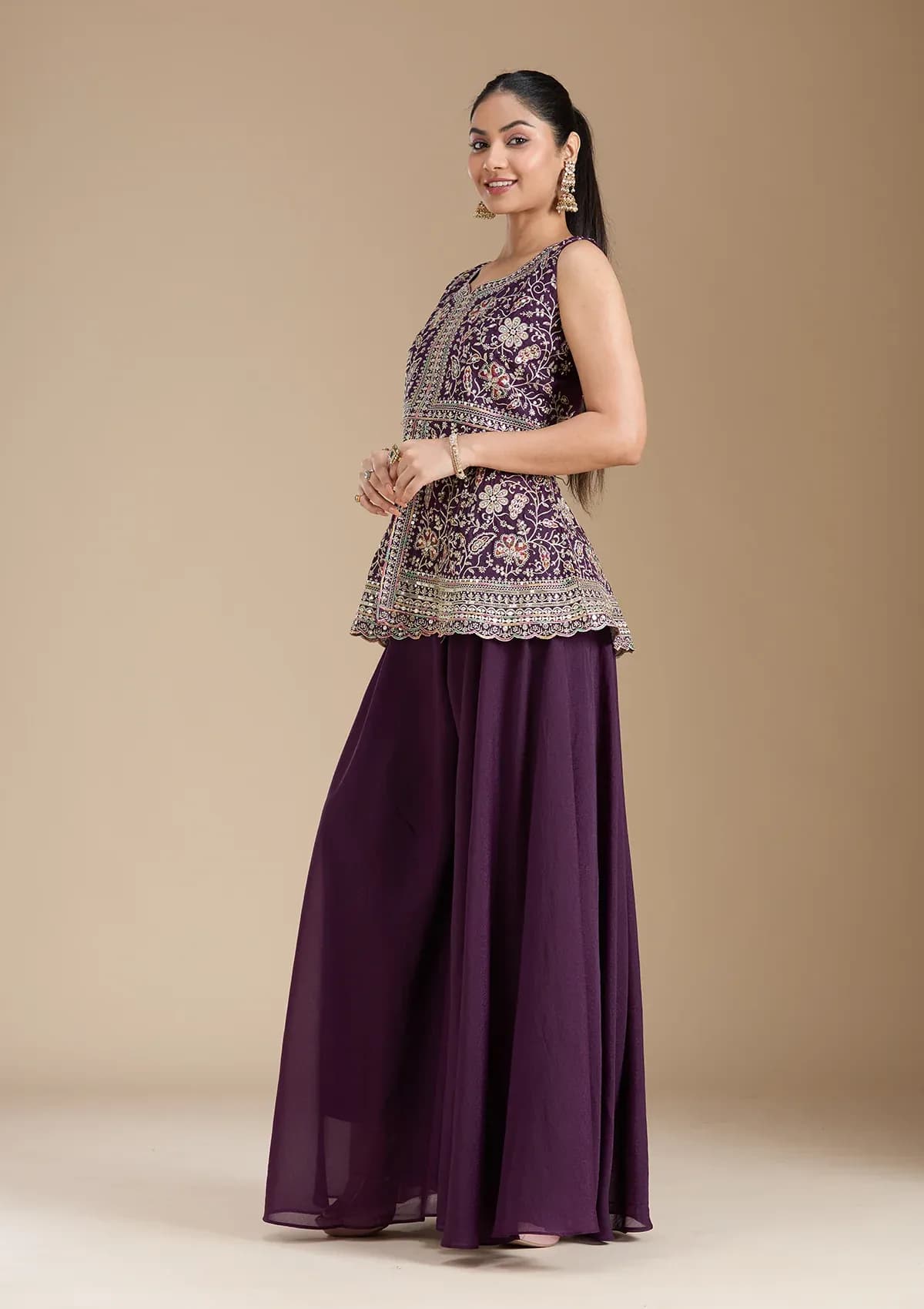 Wine Georgette Gold Zariwork Peplum Kurta With Palazzo And Dupatta thumbnail 4