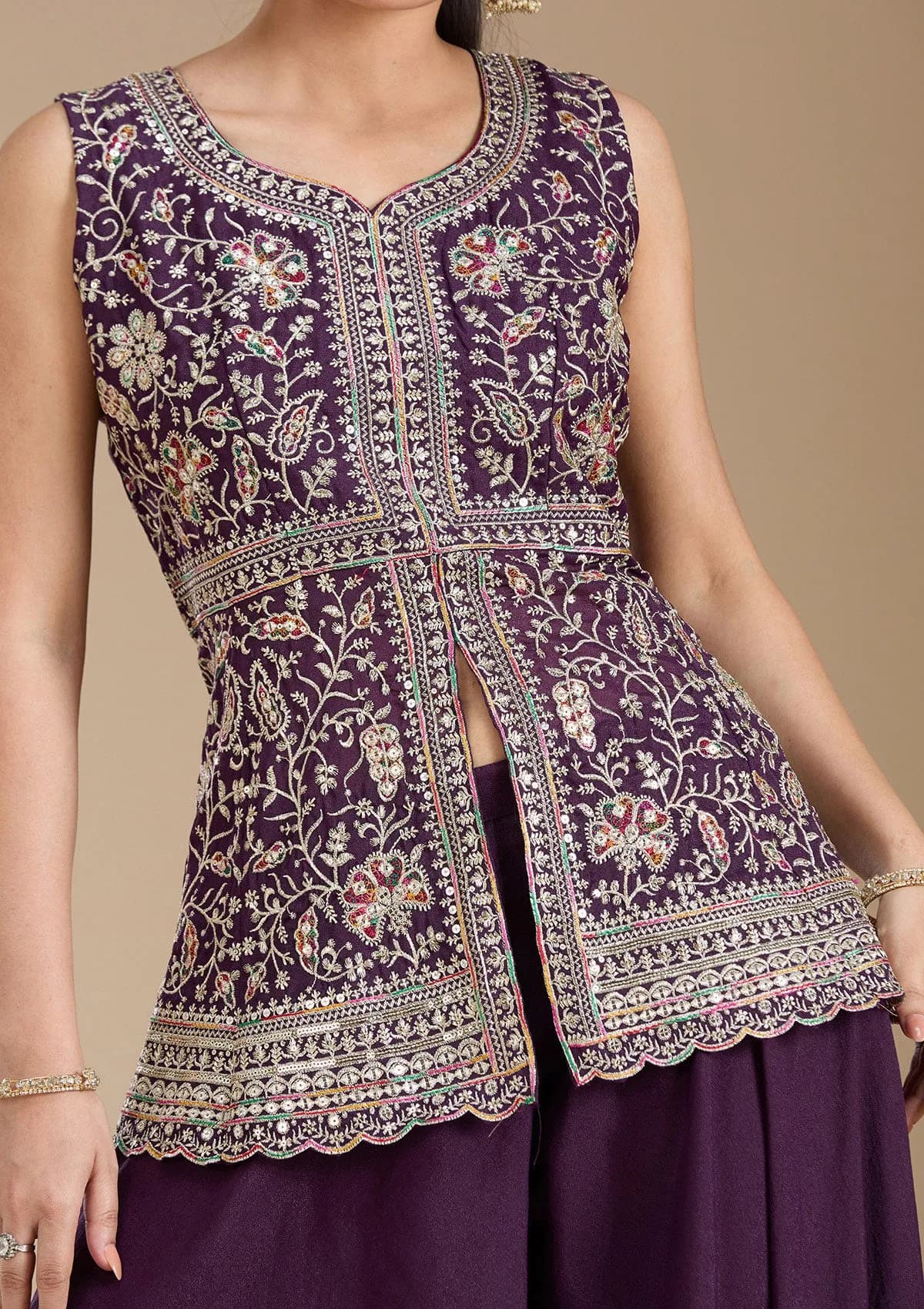 Wine Georgette Gold Zariwork Peplum Kurta With Palazzo And Dupatta thumbnail 5