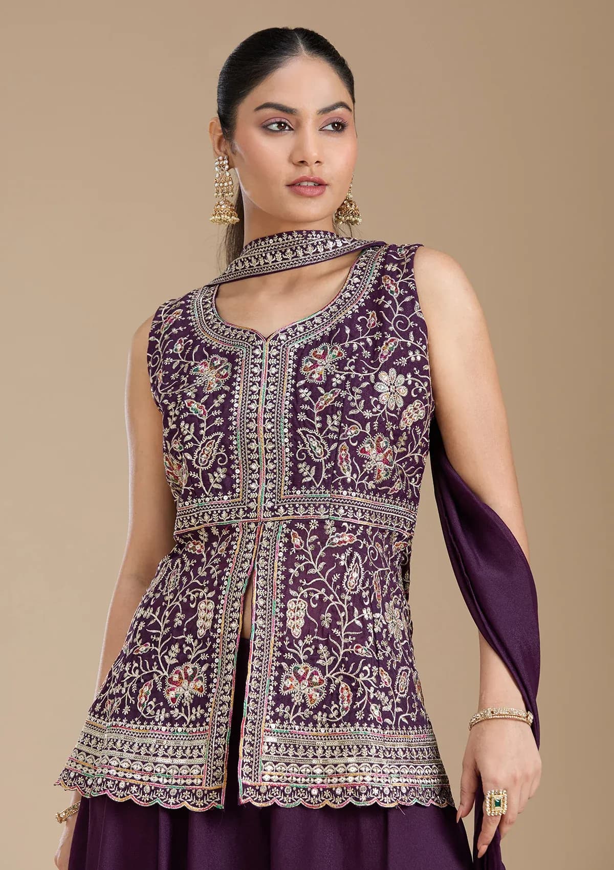 Wine Georgette Gold Zariwork Peplum Kurta With Palazzo And Dupatta thumbnail 2