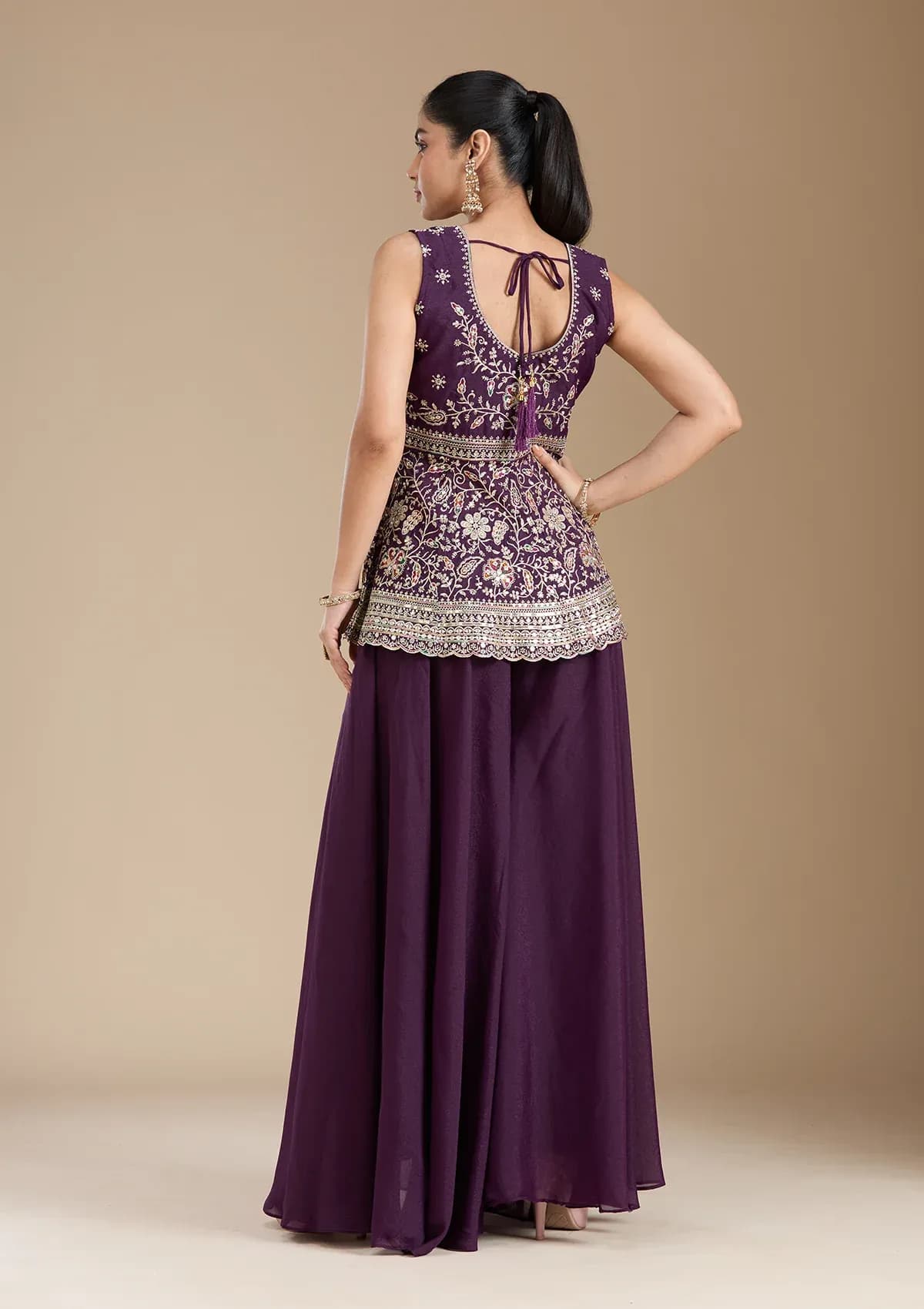 Wine Georgette Gold Zariwork Peplum Kurta With Palazzo And Dupatta thumbnail 3