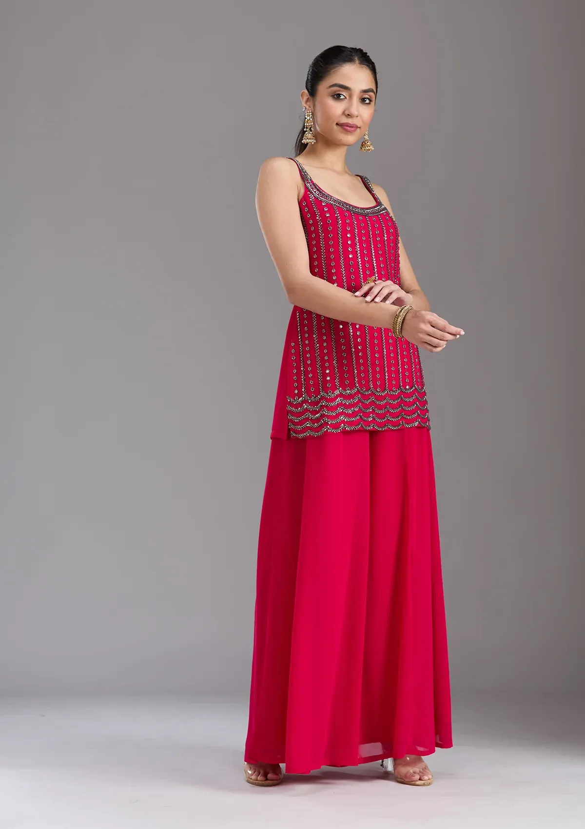 Pink Georgette Cutdana Straight Kurta With Palazzo And Dupatta thumbnail 3