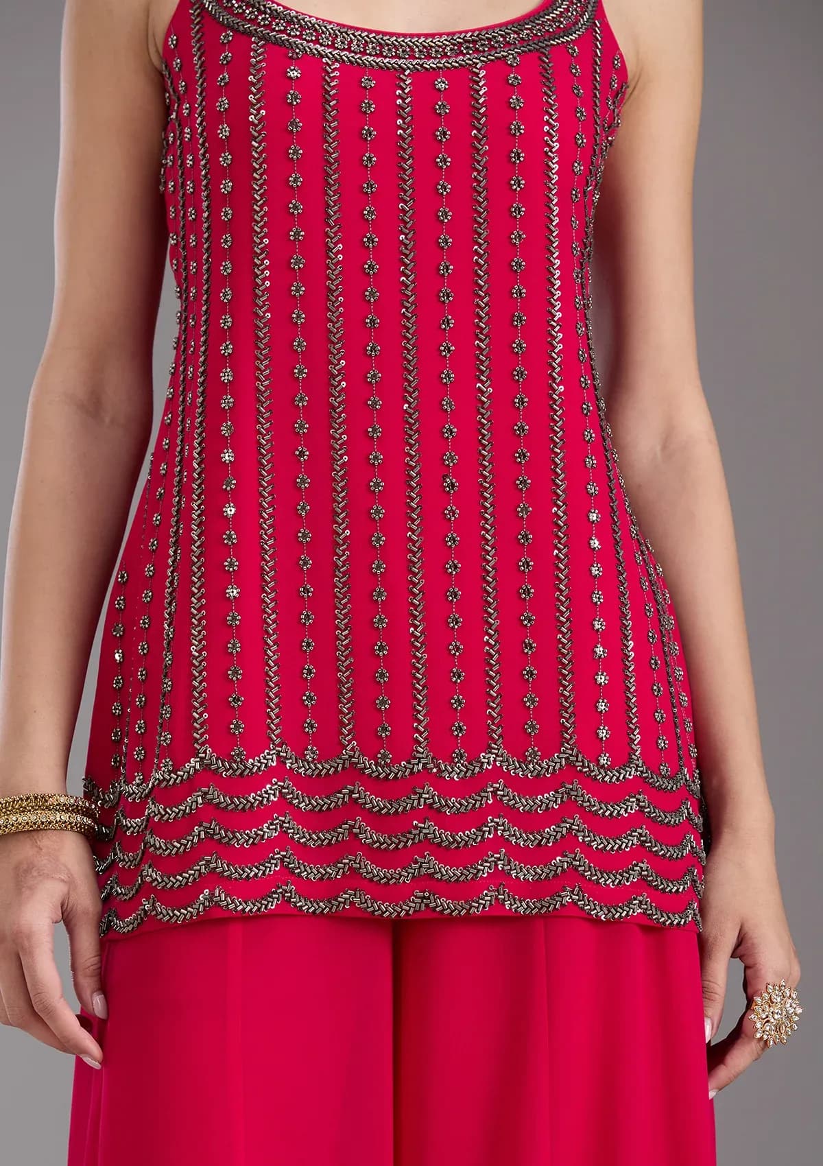 Pink Georgette Cutdana Straight Kurta With Palazzo And Dupatta thumbnail 2