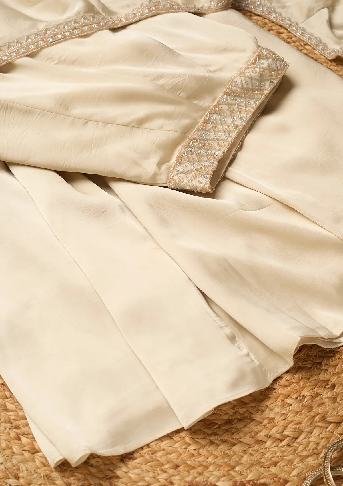 Cream Georgette Zariwork Jacket Kurta With Palazzo And Dupatta thumbnail 5