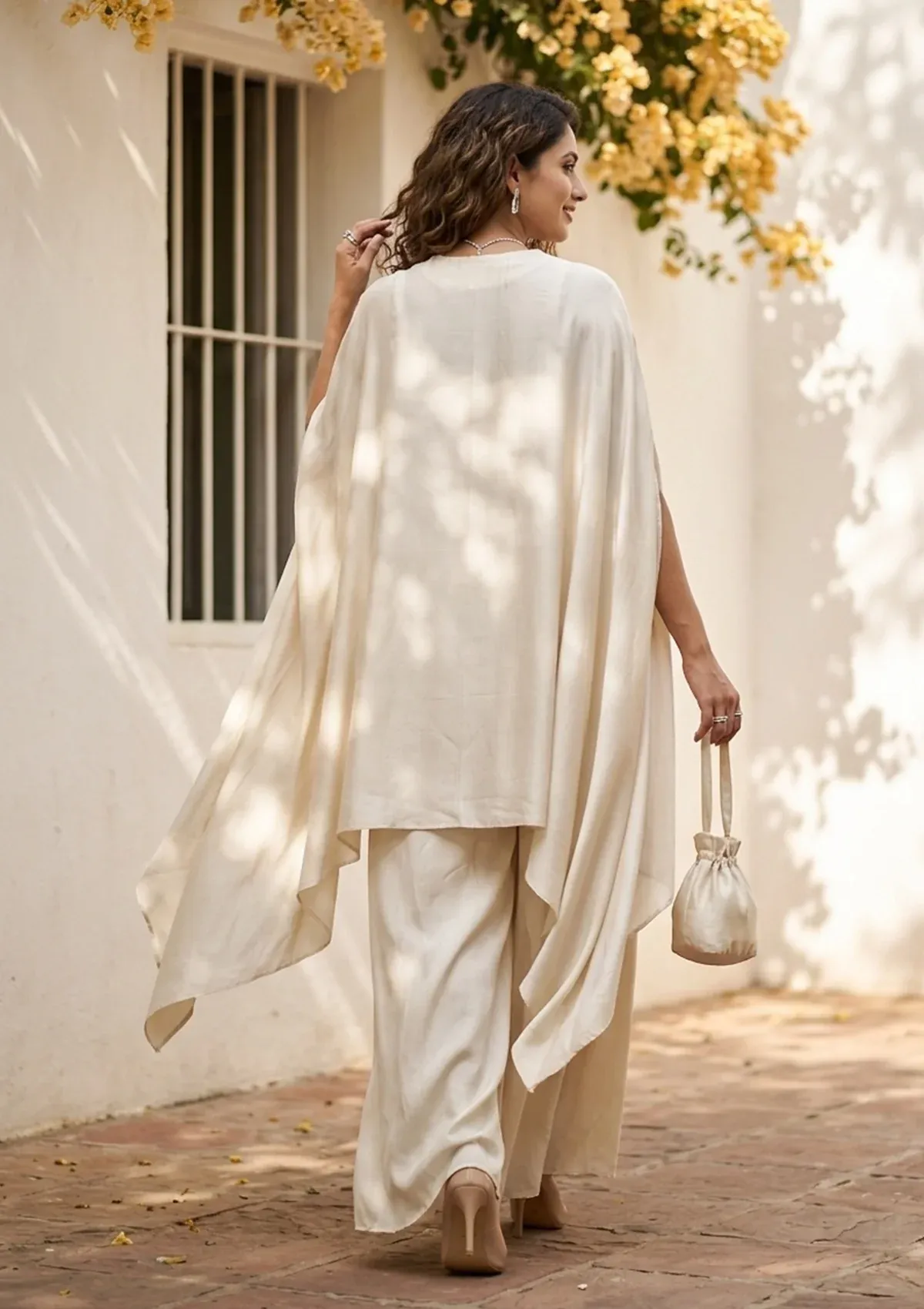 Cream Georgette Zariwork Jacket Kurta With Palazzo And Dupatta thumbnail 3