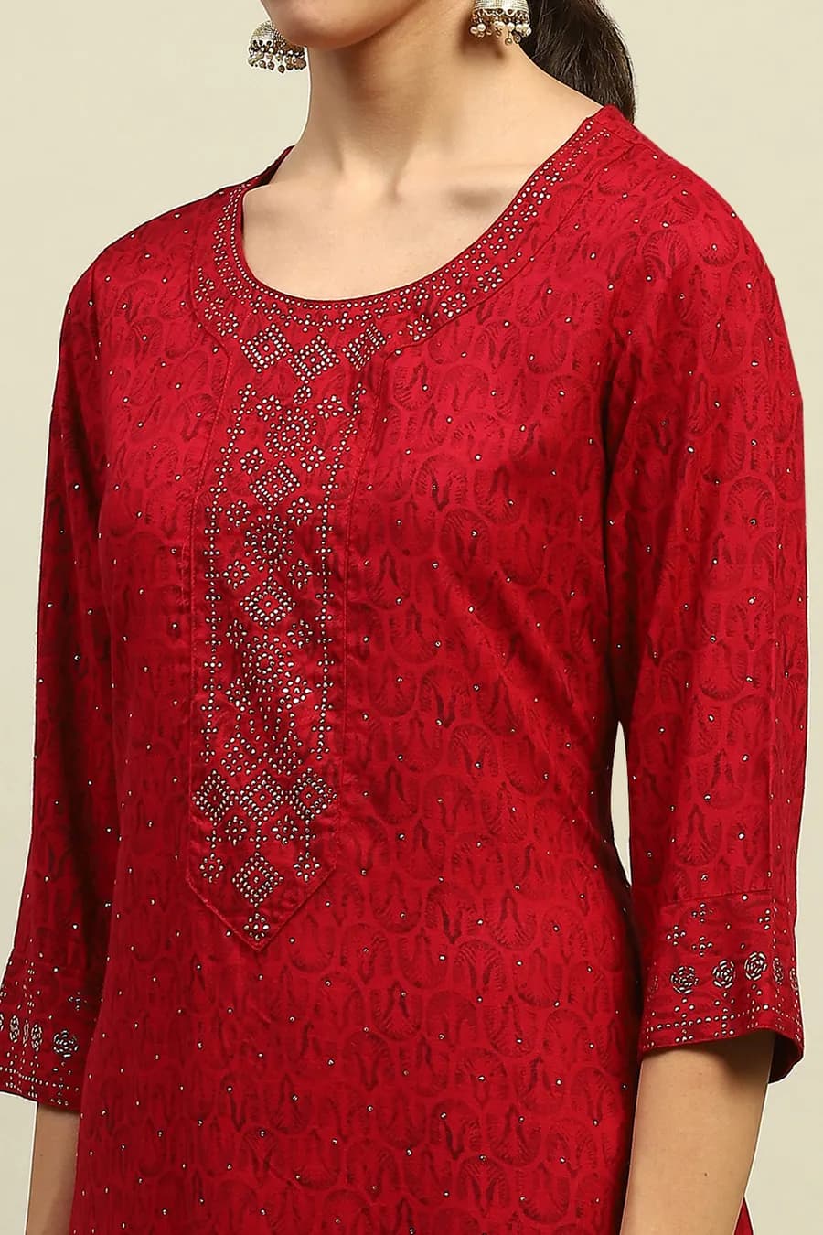 Red Rayon Slub Printed Straight Kurta thumbnail 2
