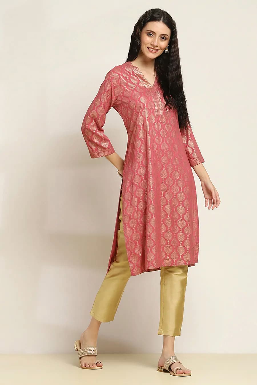 Pink Viscose Blend Printed Straight Kurta thumbnail 2