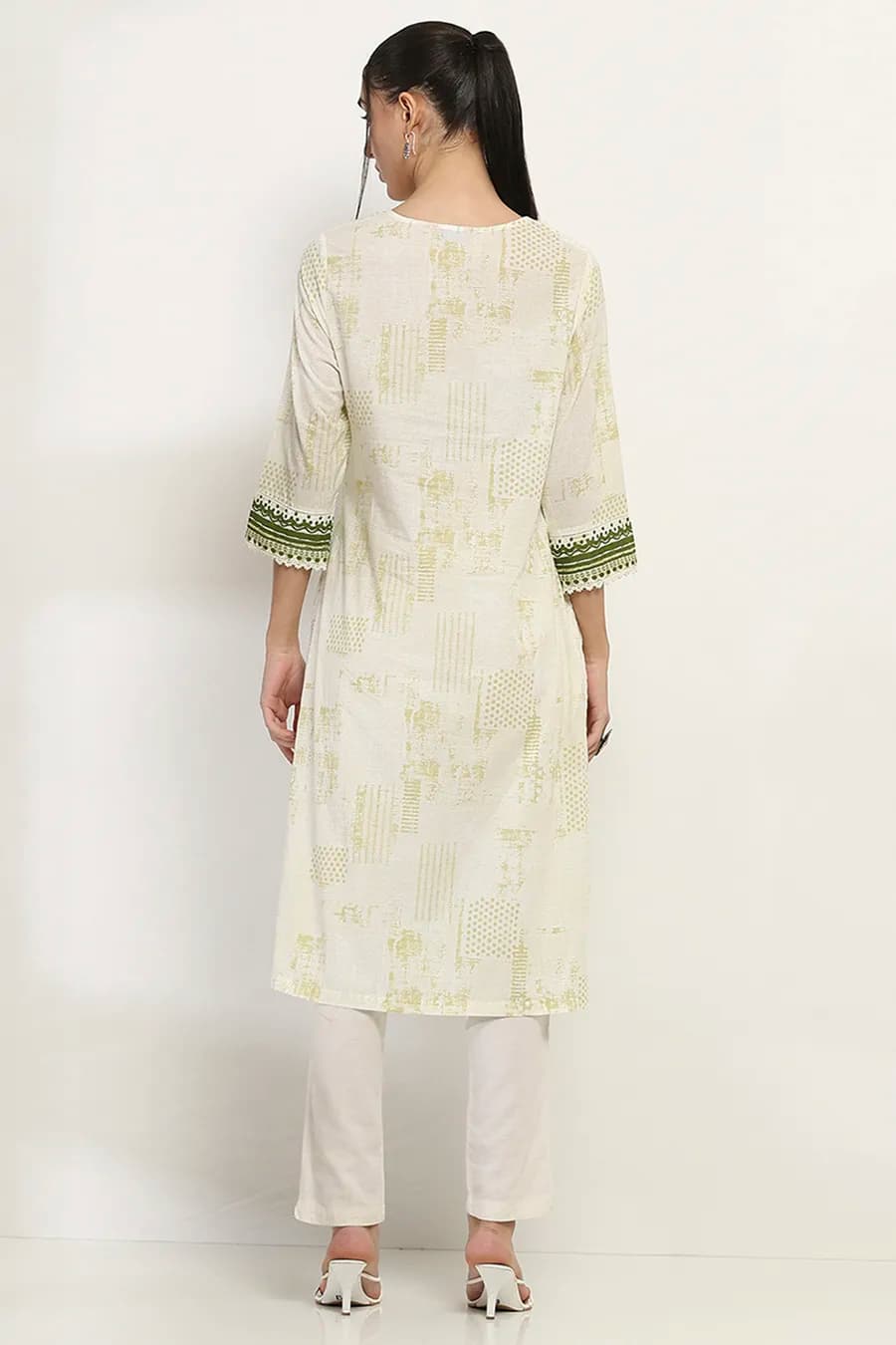 Off-White and Green Cotton Straight Kurta thumbnail 2