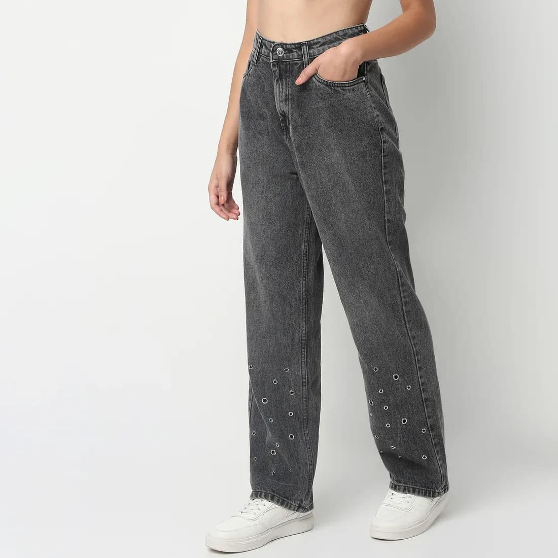 Full Length Straight Fit Pinholes Solid Jeans thumbnail 2
