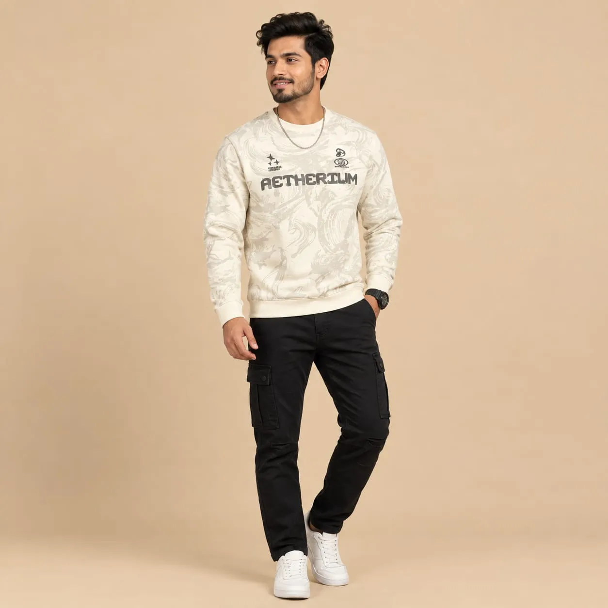 AETHERIUM" graphic lettering crew T-shirt