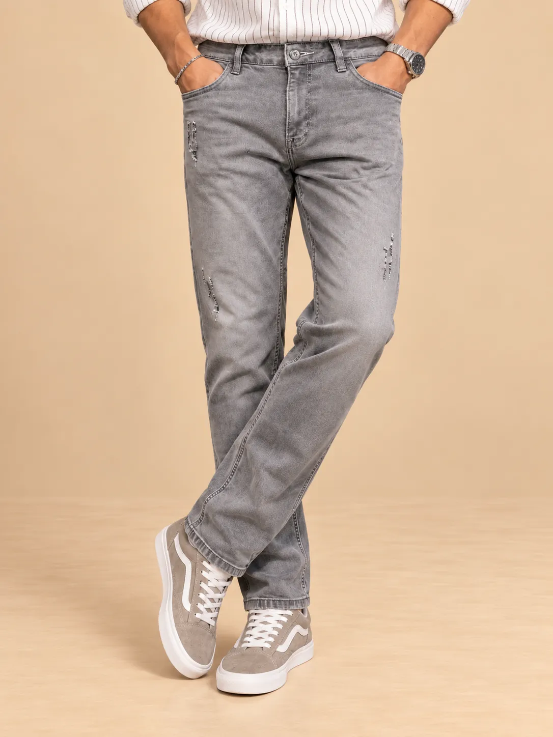 Grey straight solid street wear jeans