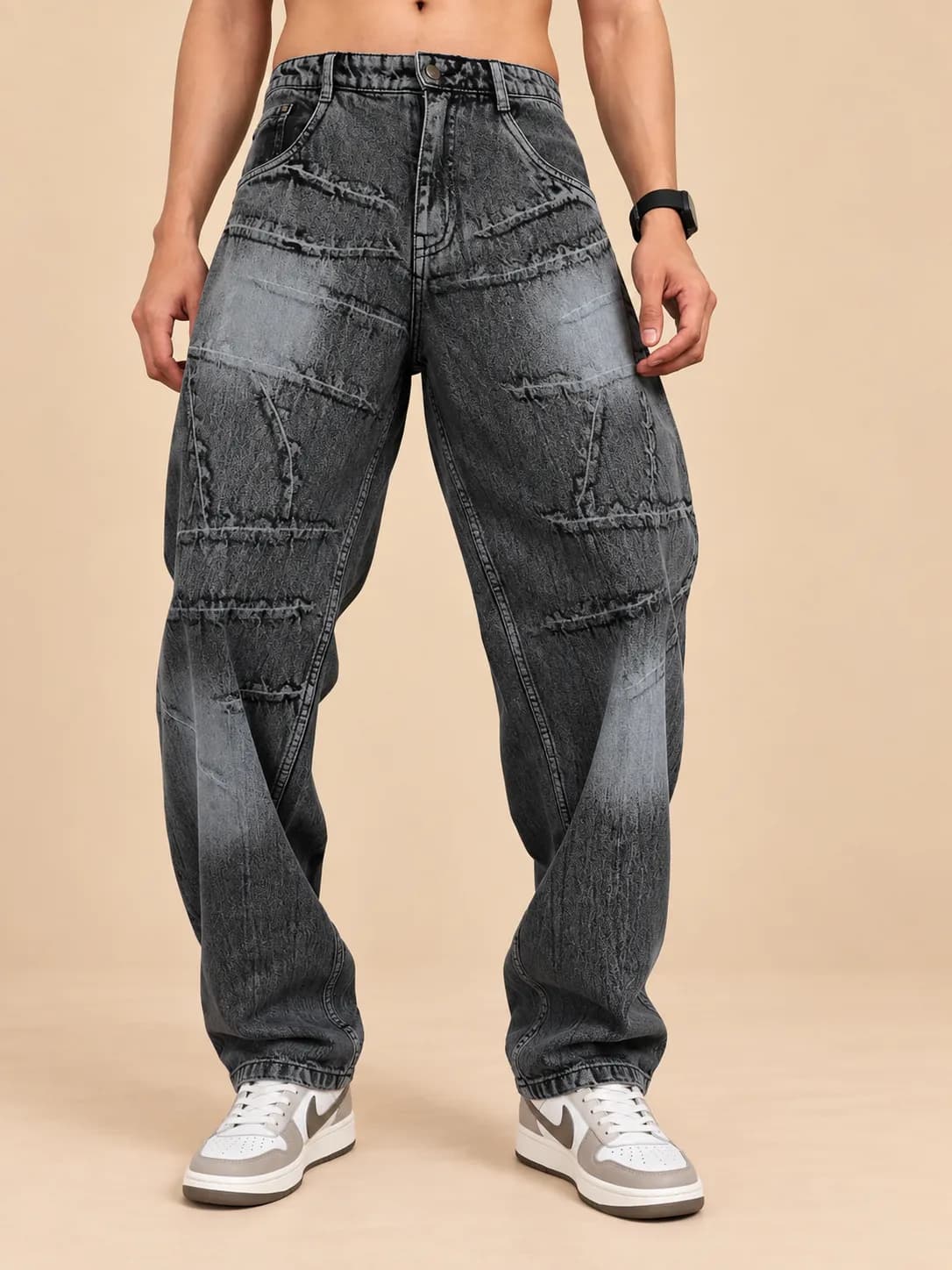 Men grey crinkled-wash effect relax fit jeans
