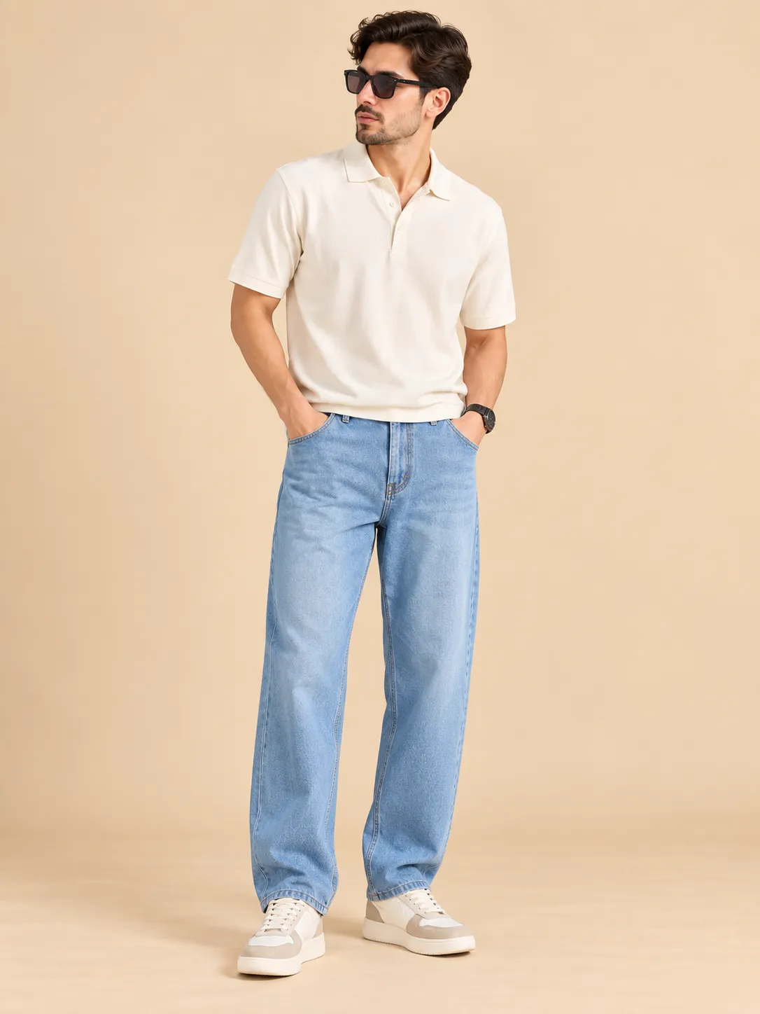 Men light blue drawstring jeans