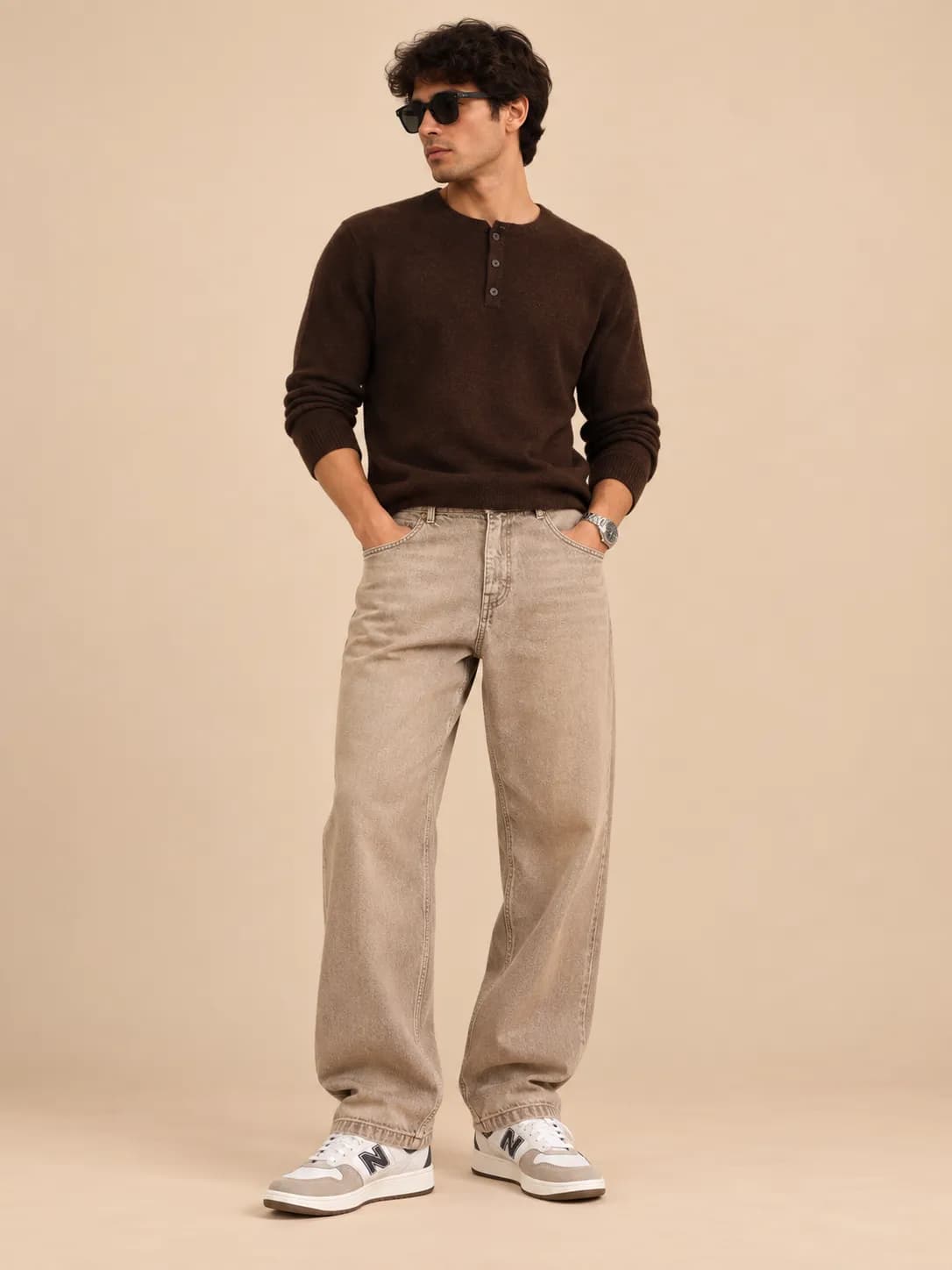Men beige whisker wash basic jeans