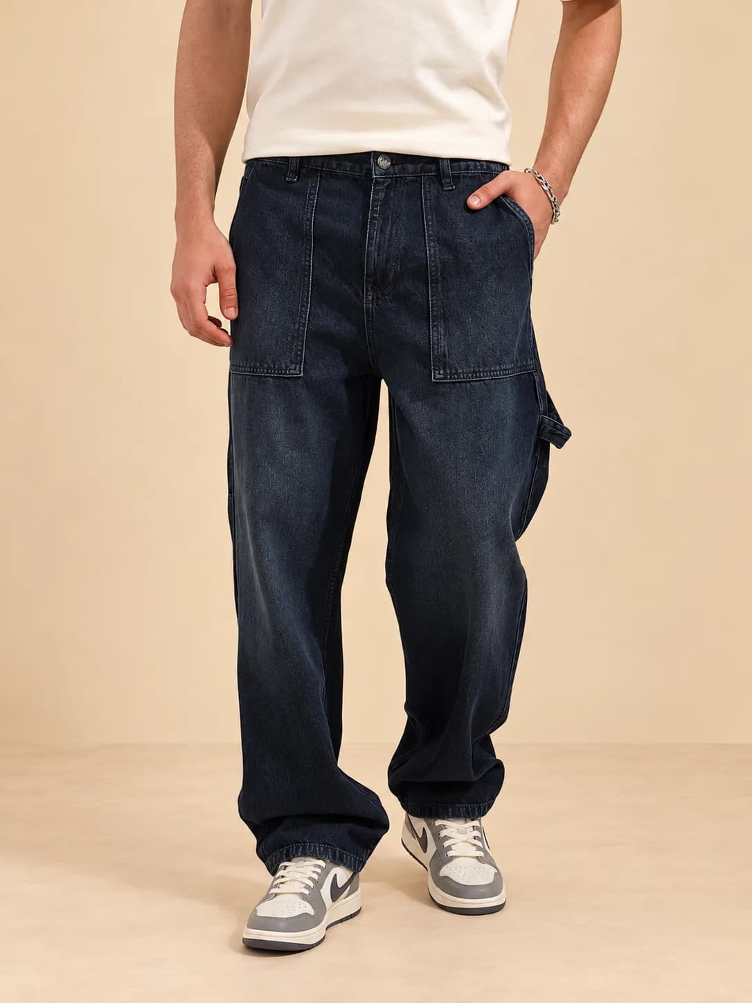 Men's navy blue loose jeans