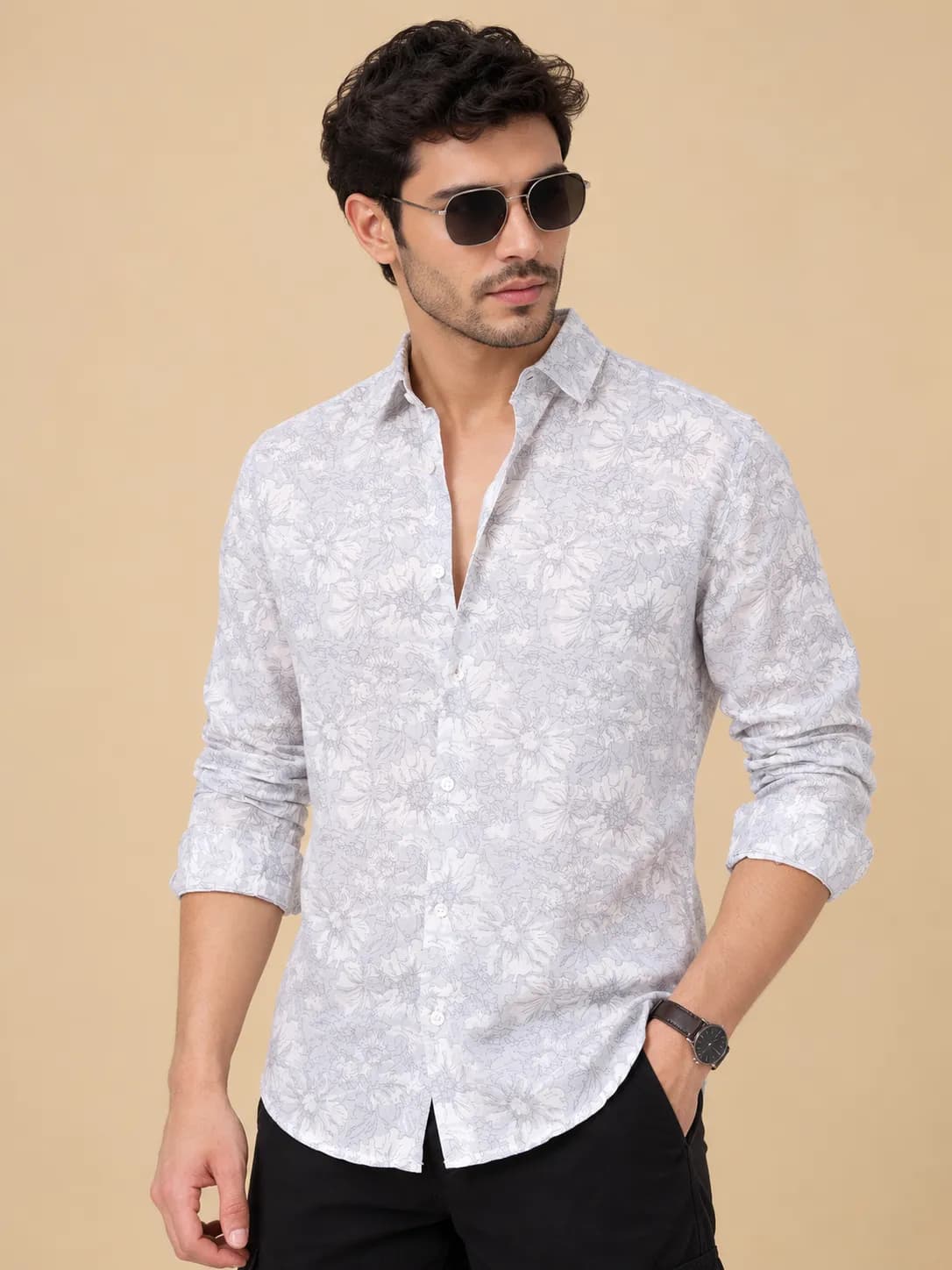 Grey sketch botanical regular shirt