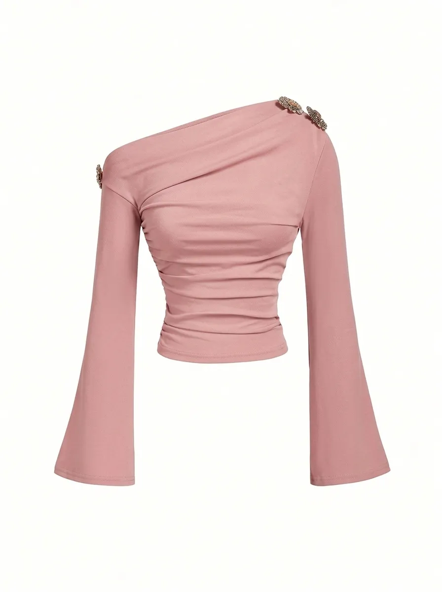 Women’s Pink One Shoulder Ruched Crop Top | Full Sleeve Stylish Party Wear Top