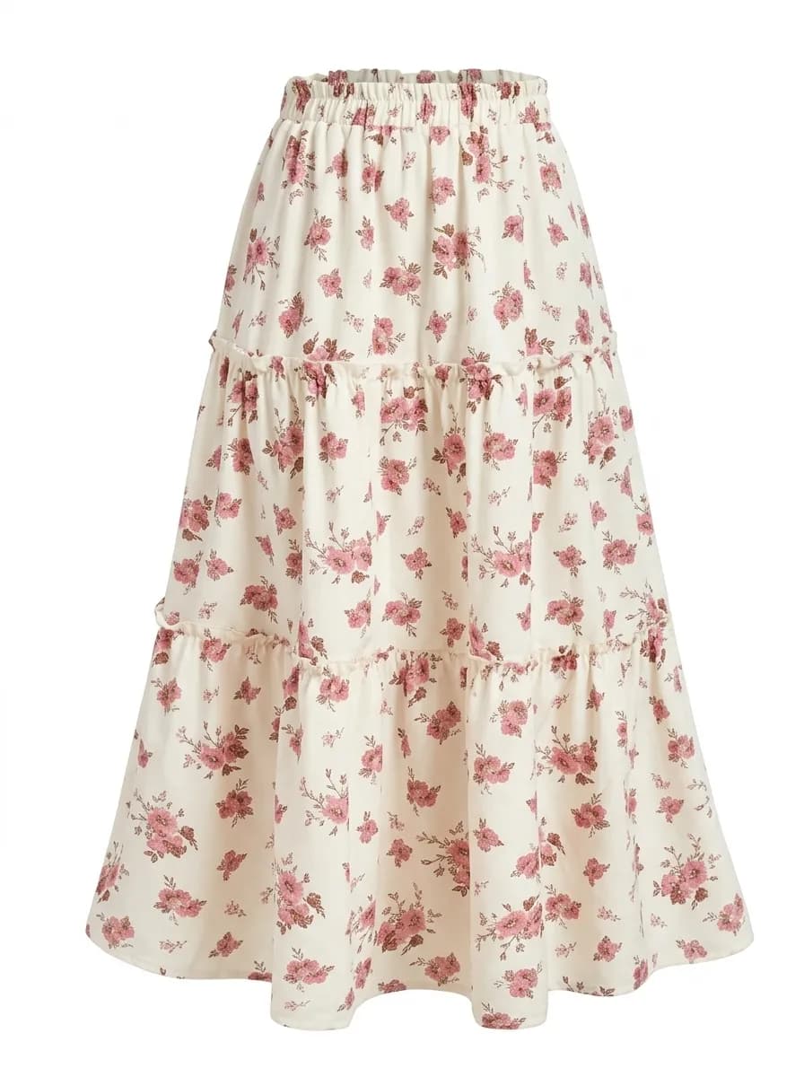 Women Floral Printed Tiered Maxi Skirt
