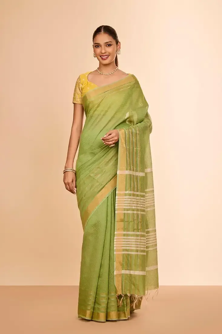 Women Green Bhagalpur Woven Silk Viscose Saree with Unstitched Blouse Piece