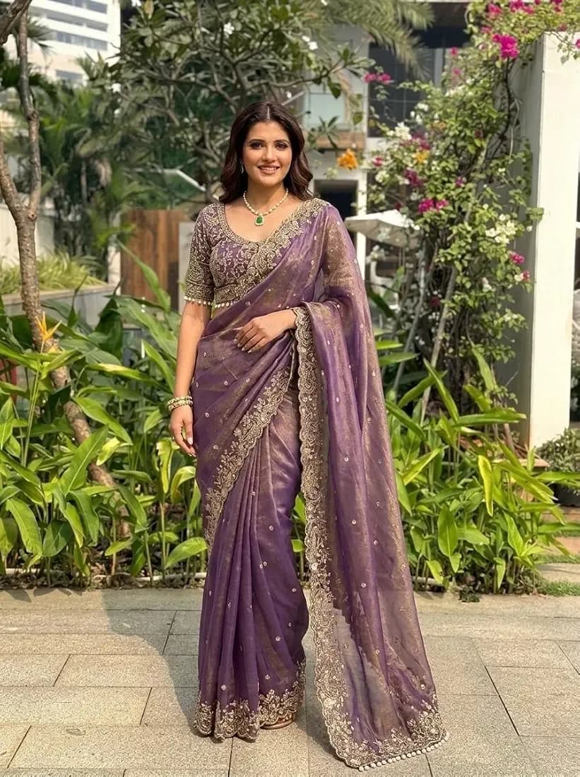 Women's Organza Silk Saree with Unstitched Blouse Piece Heavy Embroidery Work and Floral Pattern