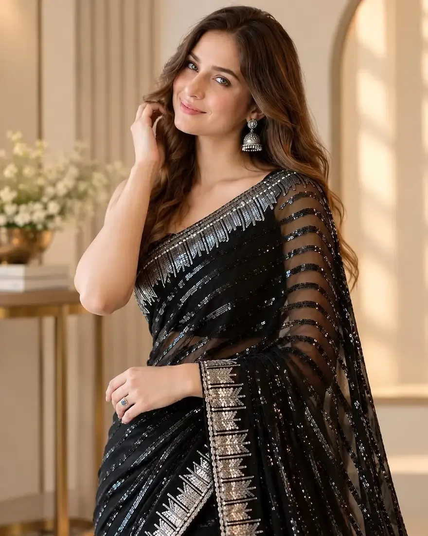 Womens Black Georgette Saree with Shimmering Sequence Work and Embellished Border With Blouse Piece