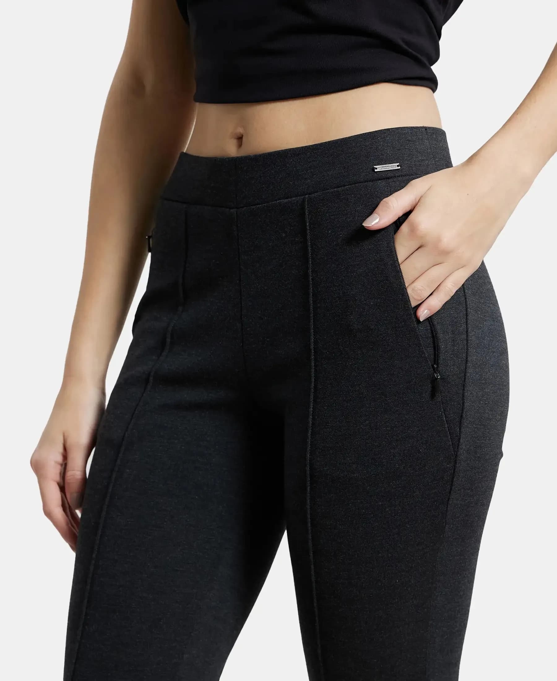 Women Black High Waist Slim Fit Joggers with Zipper Pockets