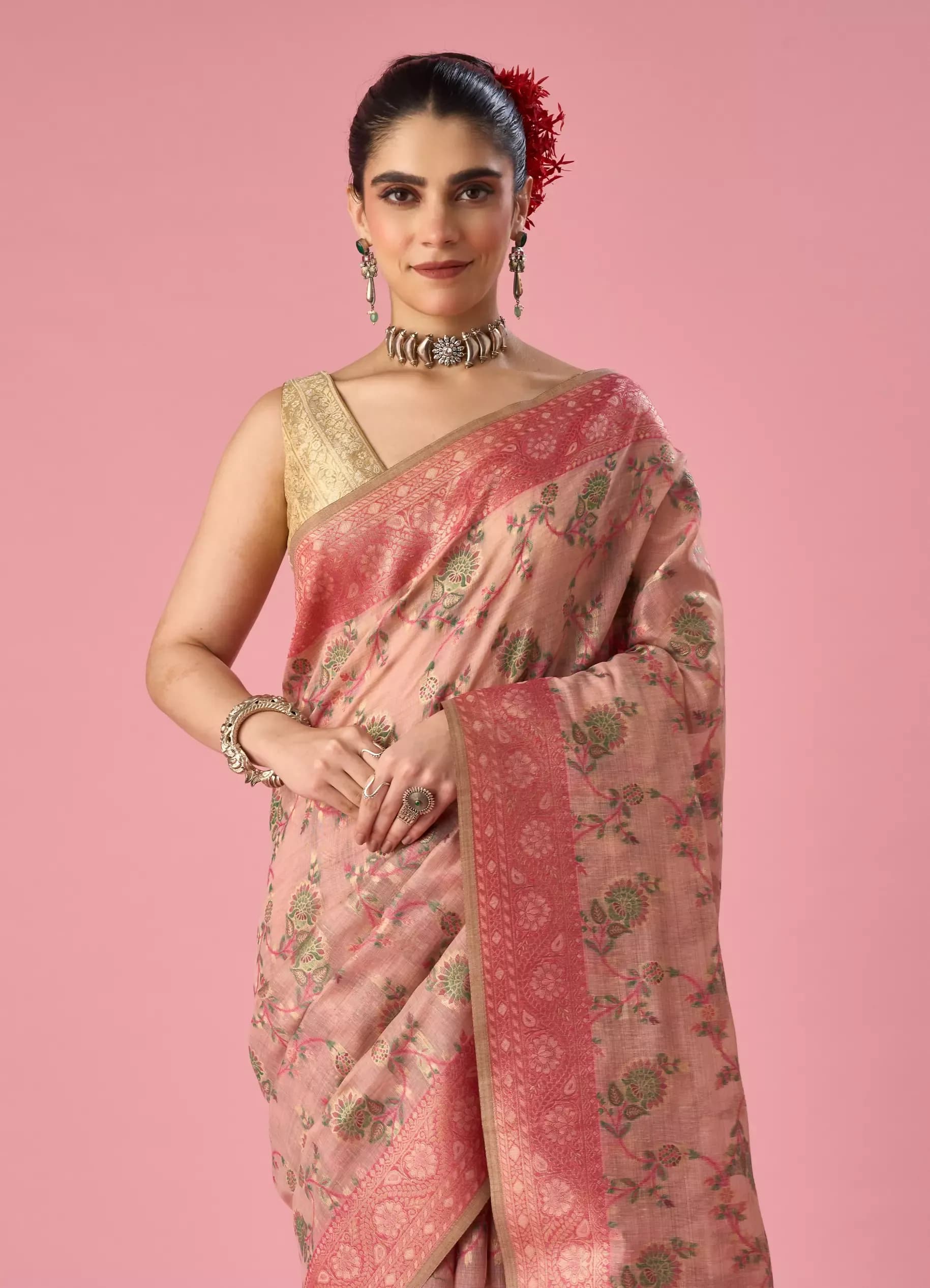 Women’s Peach Pink Floral Printed Zari Border Saree with Blouse Piece