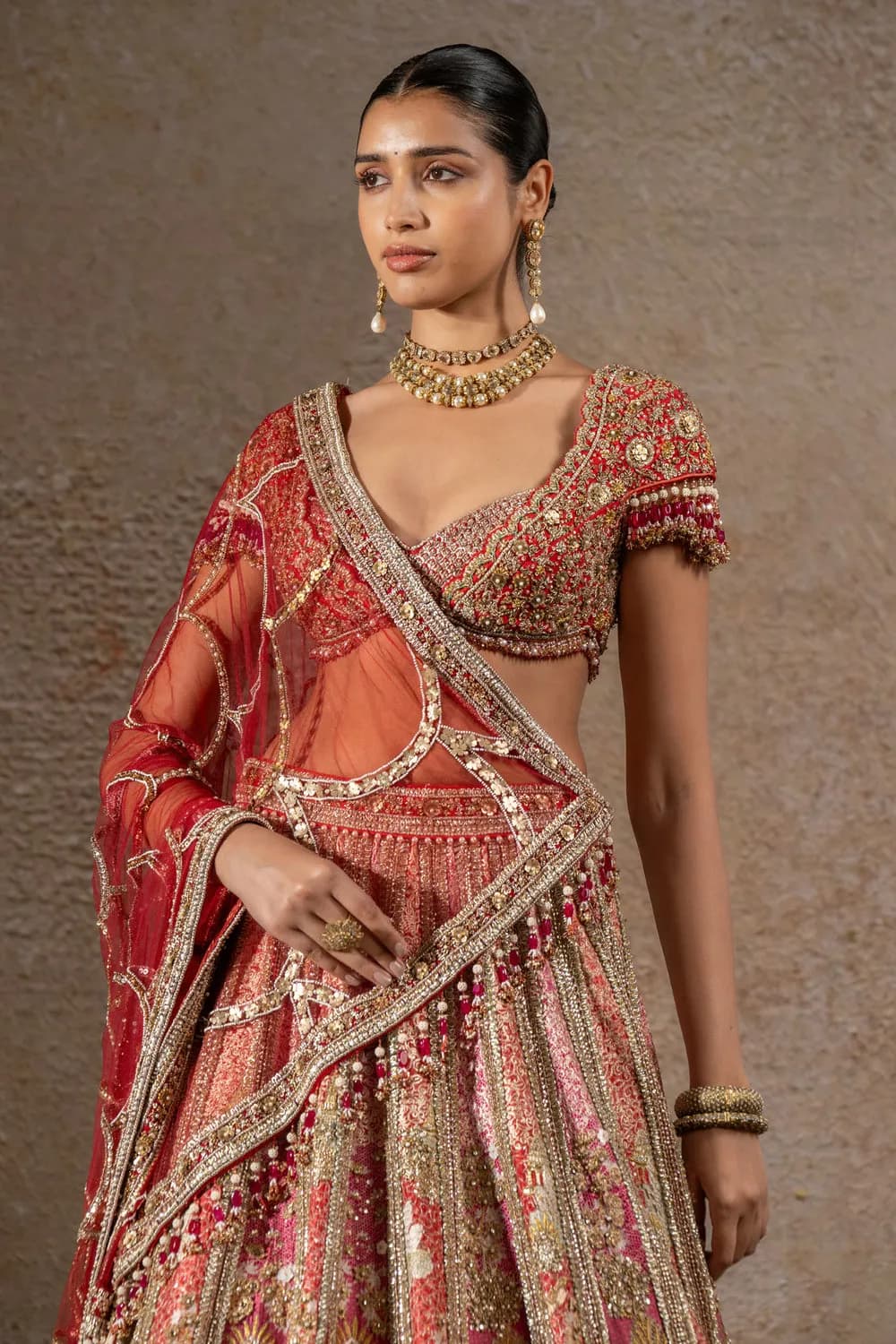 Women’s Red Peach Heavy Embroidered Bridal Lehenga Choli with Dupatta