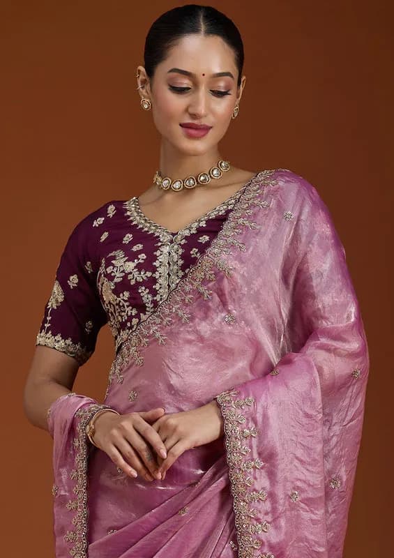 Onion Pink Tissue Sequins Saree With Matching Blouse Piece