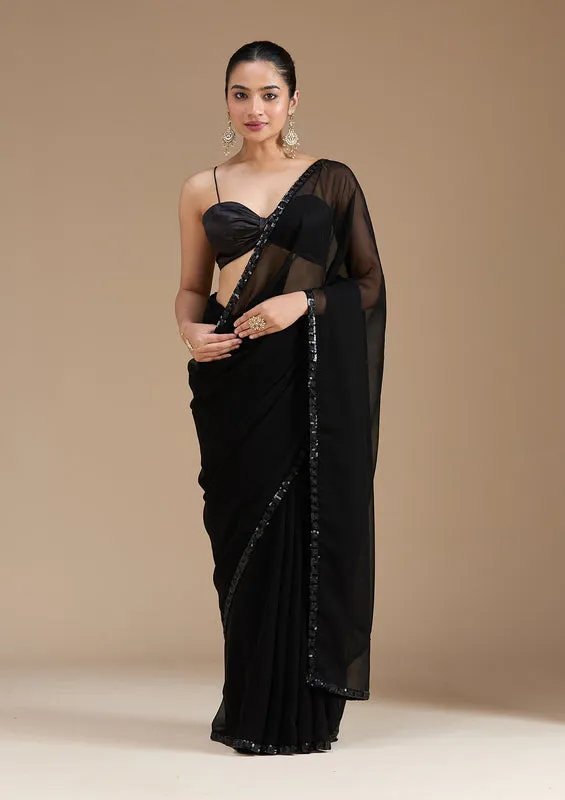 Black Georgette Sequins Saree With Matching Blouse Piece