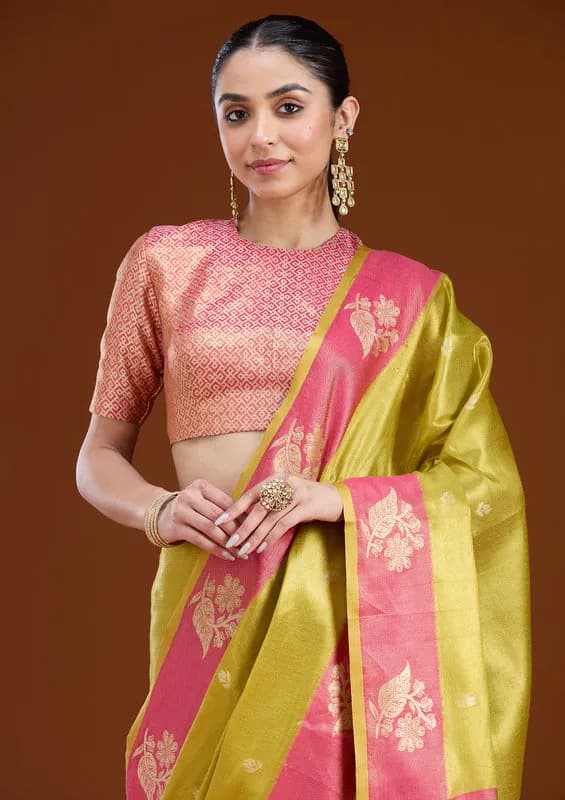 Pista Green Silk Buti Gold Zariwork Saree With Matching Blouse Piece