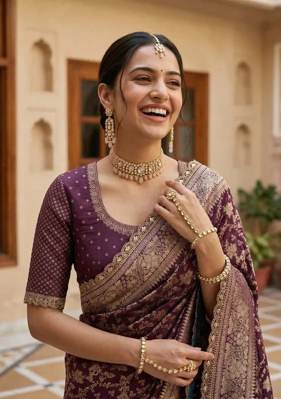 Wine Silk Jaal Sequins Saree With Matching Blouse Piece