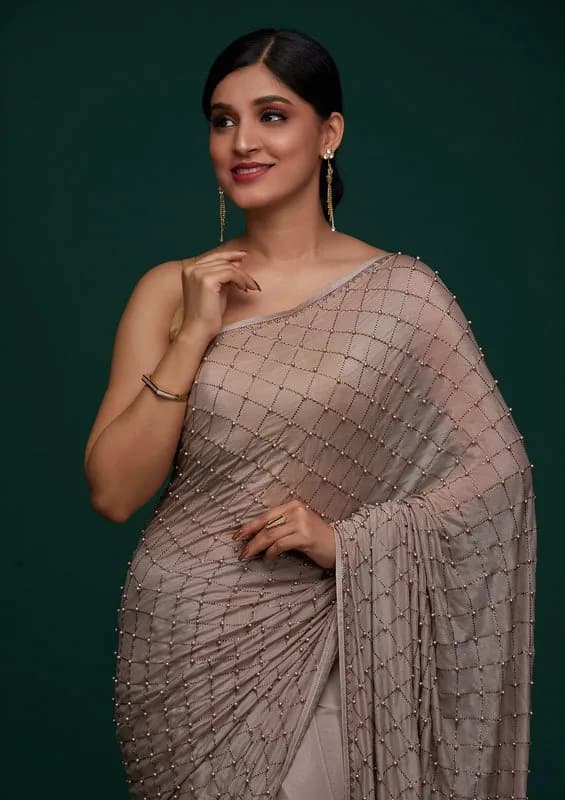 Mauve Satin Pearlwork Saree With Matching Blouse Piece