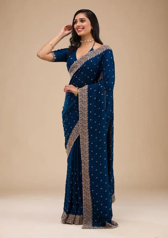 Navy Blue Soft Raw Silk Gold Zariwork Saree With Matching Blouse Piece