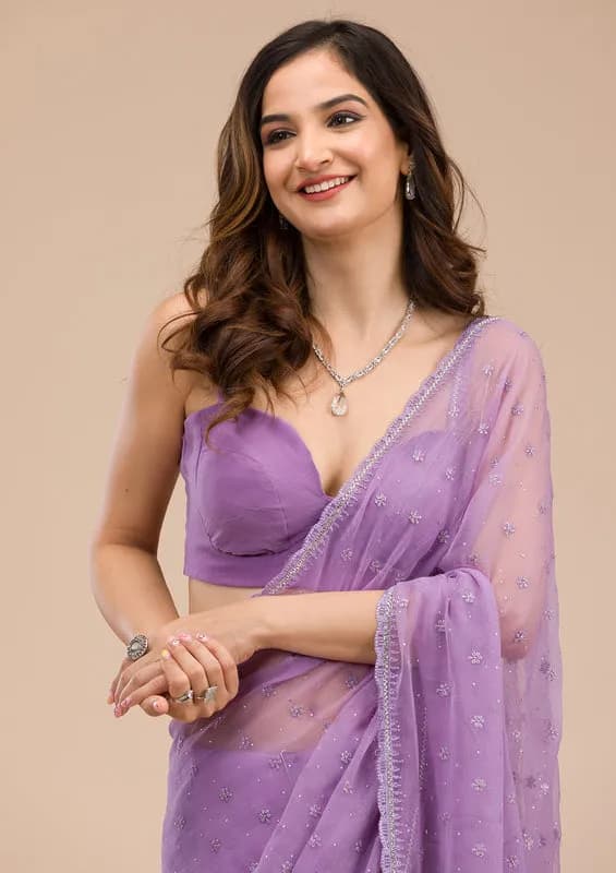 Purple Chiffon Threadwork Saree With Matching Blouse Piece