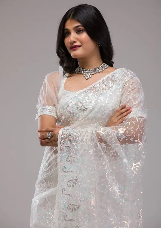 White Net Sequins Saree With Matching Blouse Piece