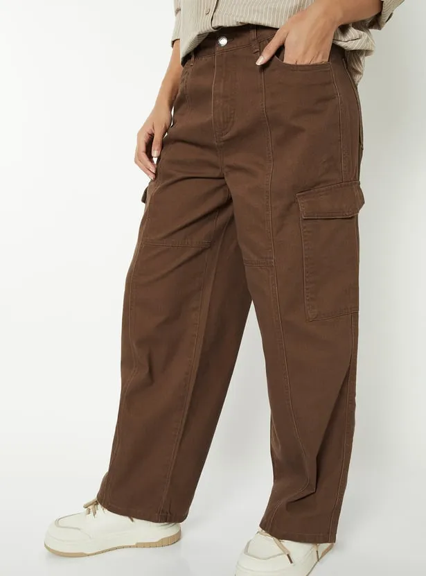 Women Solid Wide Leg High-Rise Cargo Jeans