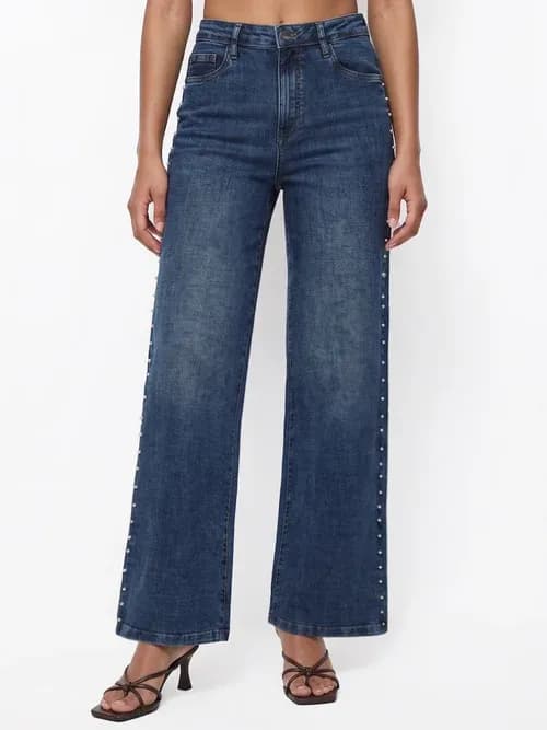 Blue High-Rise Pearl Wide Leg Jeans